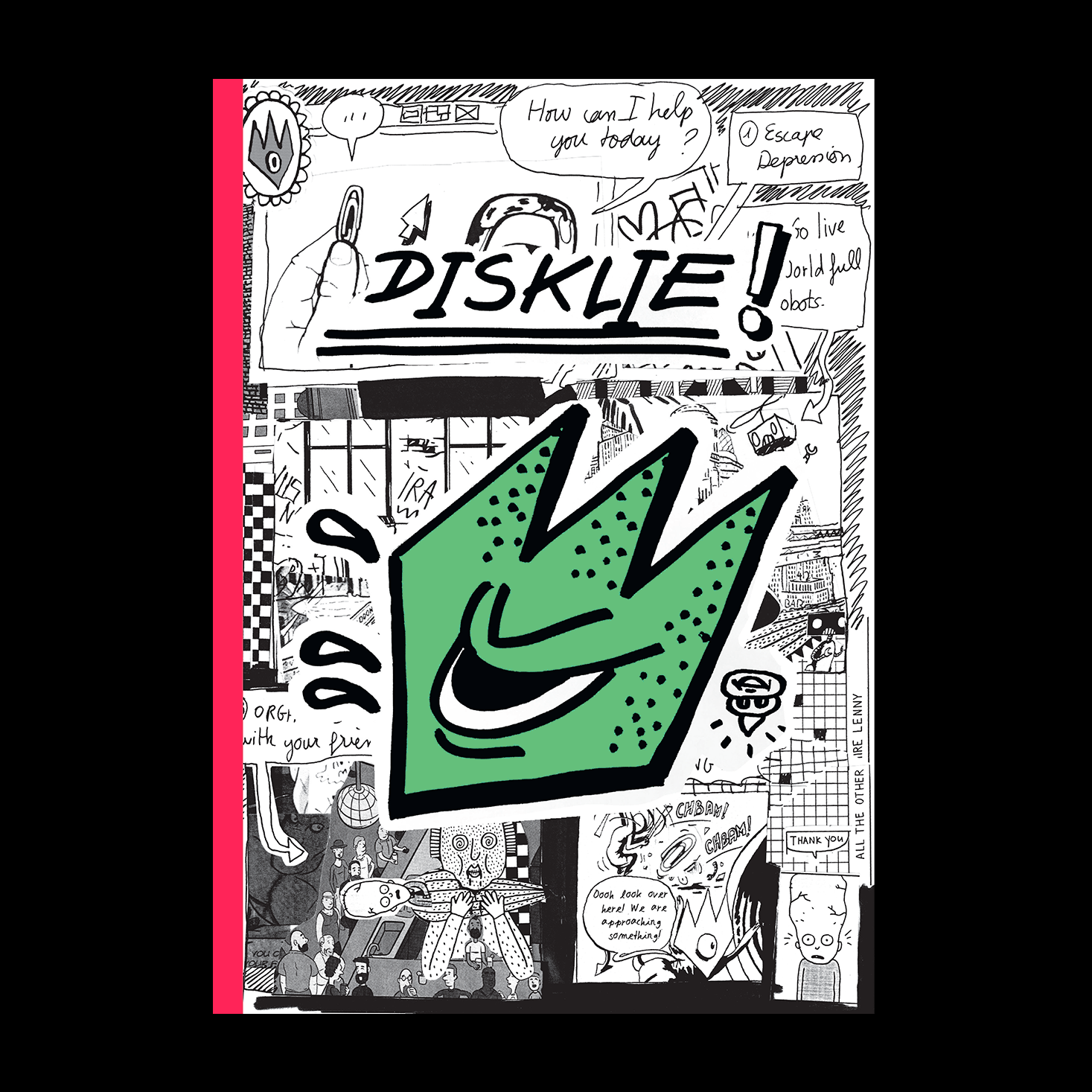 DISKLIE zine cover, features WEIRD comics logo and comic collage page as background.